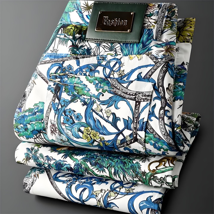 全幅印花特色牛仔褲